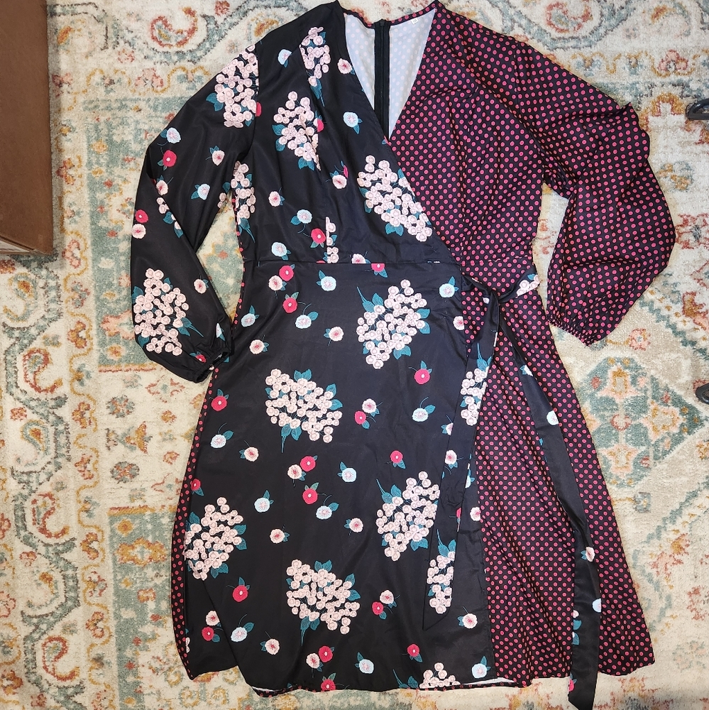 Asymmetrical dual blocked faux-wrap dress